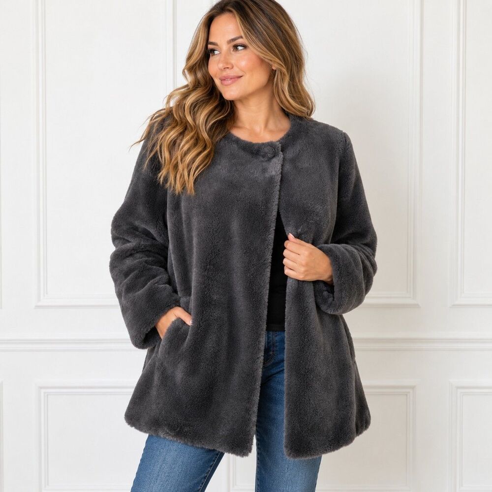 Jeno Neuman Faux Fur Coat Womens XL Gray Plush Collarless Lined Winter Jacket